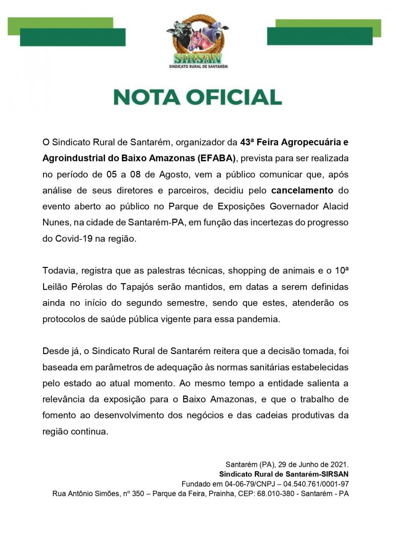 CANCELAMENTO - FEIRA  AGROPECUARIA 2021 